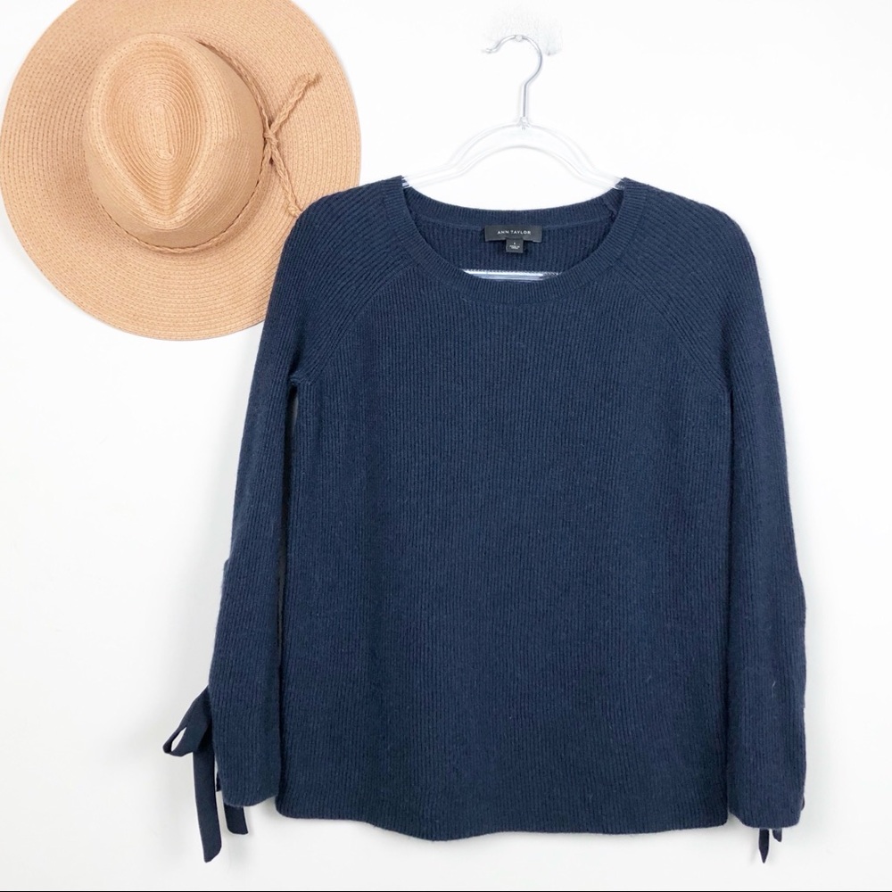 Ann Taylor Midnight Sky Tie Sleeve Ribbed Sweater